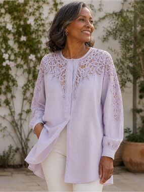 Vintage Together XL Linen Cotton Crochet Lace Tunic Blouse Lavender Boho 1980s